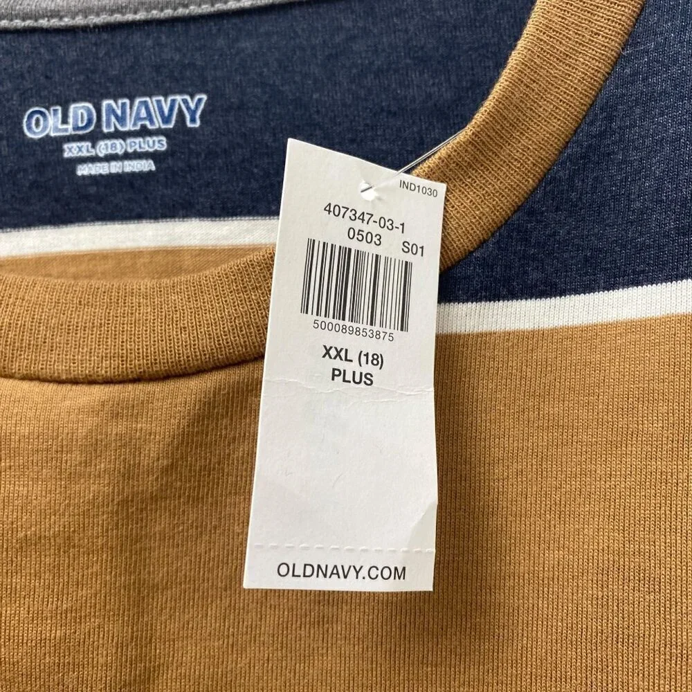 OLD NAVY Striped Tee Boys XXL / 18  Navy Brown Crew Neck Long Sleeve NWT